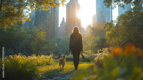 Woman walks dog on city path during sunset surrounded by tall buildings and l...