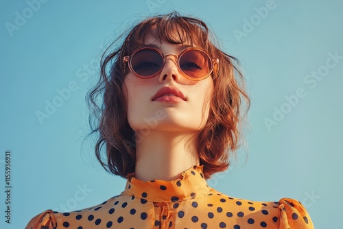 Fashionable woman wearing sunglasses poses under clear blue sky in vibrant po...
