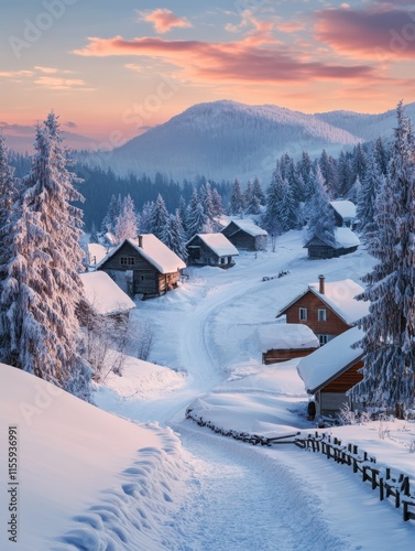 Small and quiet alpine village and winter sunrise snowy mountains around, Voronenko, Carpathian, Ukraine. photo