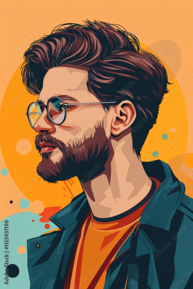 Male hipster face in vibrant pop art style featuring retro comic illustrations with eye-catching colors and stylish accessories Male hipster face in vibrant pop art style featuring retro comic illustrations with eye-catching colors and stylish accessories