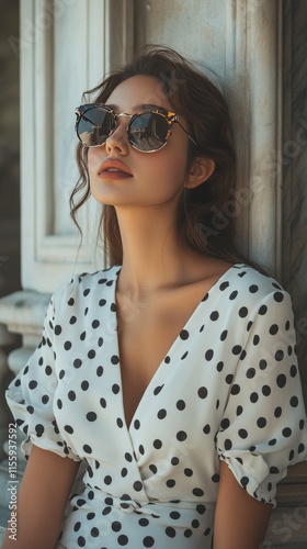 Young woman in polka dot dress poses with pink sunglasses against vibrant blu...