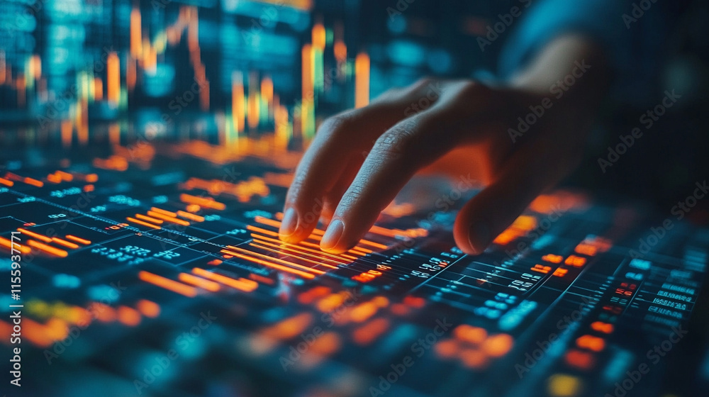 businessman’s hand analyzes a stock market graph on a digital interface, highlighting financial trends. Represents strategy, investment opportunities, and data-driven decision-making in finance businessman’s hand analyzes a stock market graph on a digital interface, highlighting financial trends. Represents strategy, investment opportunities, and data-driven decision-making in finance