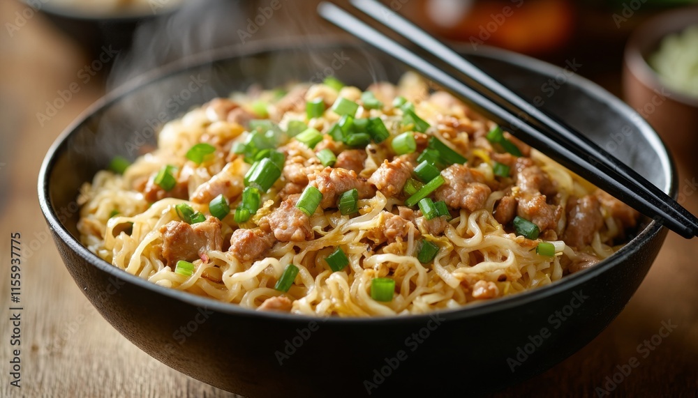 Delicious bowl of spicy noodles with meat and green onions served in a cozy restaurant setting Delicious bowl of spicy noodles with meat and green onions served in a cozy restaurant setting
