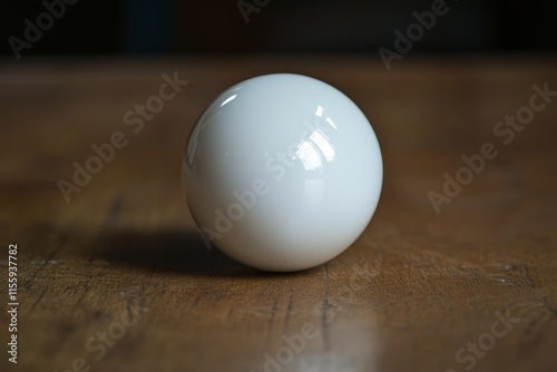 White spherical object resting on wooden surface with soft lighting and shado...