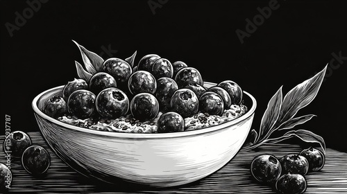 Bowl of blueberries with leaves on a wooden table against a dark background