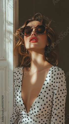 Young woman in polka dot dress poses with pink sunglasses against vibrant blu...