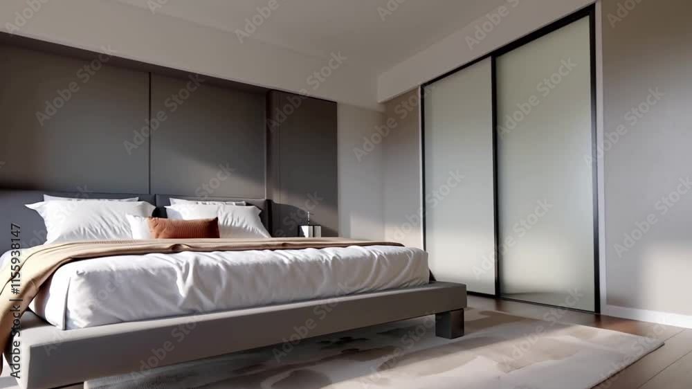 A modern bedroom featuring a double bed, sleek bedside tables, and a sliding door closet. The full floor-to-ceiling view showcases the clean lines and functional design of the space. 