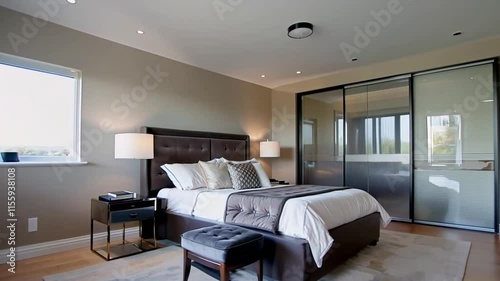 A contemporary bedroom with a queen bed, stylish bedside tables, and a sliding door closet. The full floor-to-ceiling view highlights the sleek, modern design and spacious atmosphere