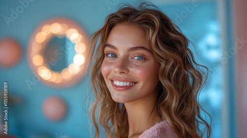 Young woman with long curly hair smiles brightly against a vibrant blue backg...