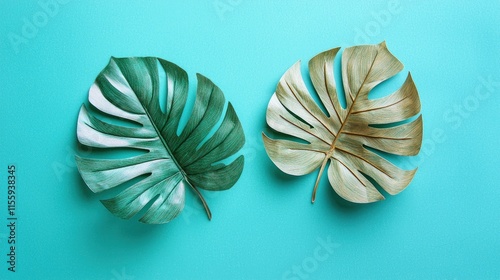 Two tropical monstera leaves, one teal green, one golden brown, laid flat on a vibrant turquoise background.