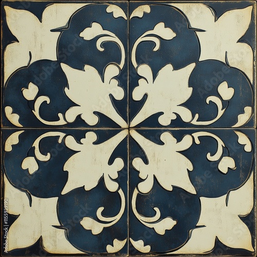Blue and white tile with a flower design