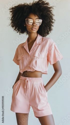 Fashionable young woman in stylish summer outfit posing confidently outdoors