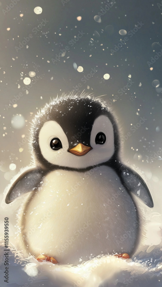Fototapeta premium Cute baby penguin in white snow during winter, for mobile phone wallpaper
