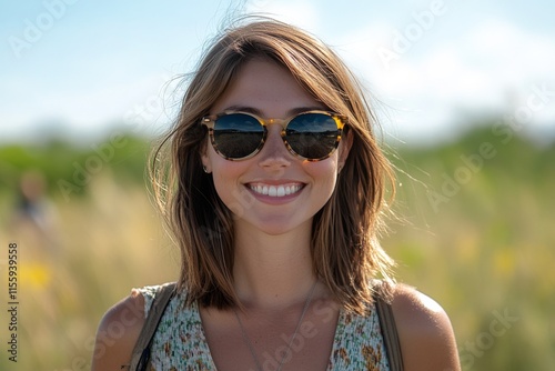 Smiling woman wearing sunglasses in a sunlit outdoor setting