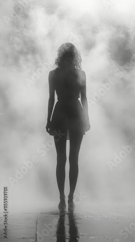 Silhouetted figure standing against foggy backdrop in minimalist space