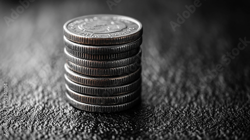 A single stack of coins teeters on the edge of a table against a blurred background representing the precarious balance between risk and reward in financial decisions and the chaos of uncertainty

 photo