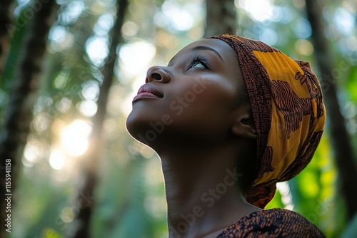 Young woman gazes upward in lush green park under sunlight filtering through ...