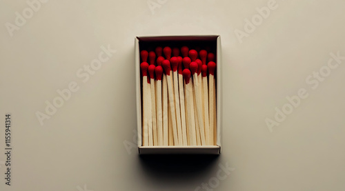 A white matchbox with red matches is placed on the table