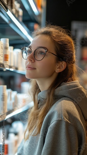 Young woman exploring grocery aisle with curiosity in a bright store setting