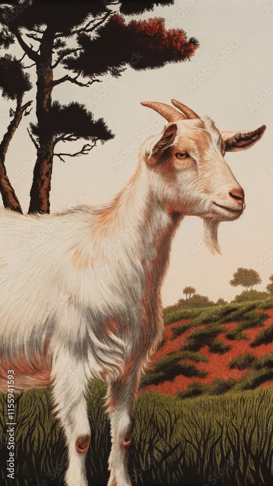 Playful Goat Illustration in a Natural Setting Playful Goat Illustration in a Natural Setting