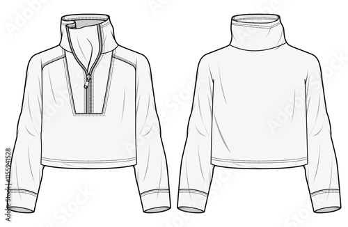 High Turtle Neck Zip Up Crop Sweater Front and Back View. Fashion Illustration, Vector, CAD, Technical Drawing, Flat Drawing, Template, Mockup. 