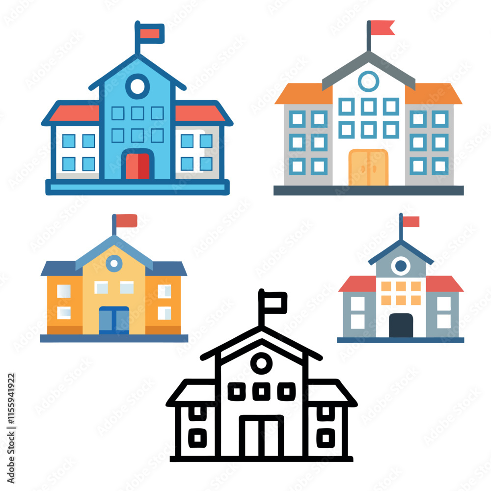 School building icon in flat style, set of houses School building icon in flat style, set of houses
