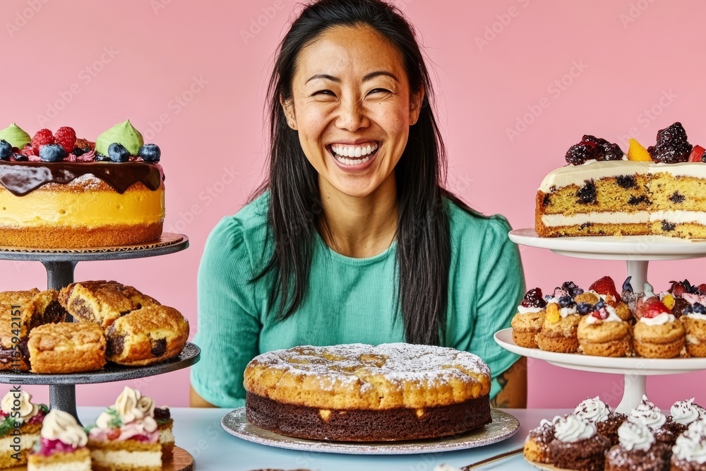 In a joyful moment, an Asian woman relishes milk and cookies, her mood elevated by the presence of various sweets around her on a pink background, as she satisfies her sweet cravings and consumes In a joyful moment, an Asian woman relishes milk and cookies, her mood elevated by the presence of various sweets around her on a pink background, as she satisfies her sweet cravings and consumes
