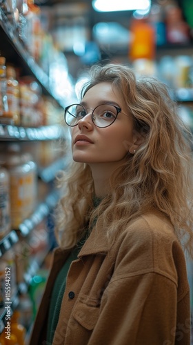 Young woman exploring grocery aisle with curiosity in a bright store setting