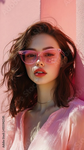 Young woman with curly hair wearing pink sunglasses posing for a casual snaps...