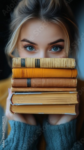 Young woman holding colorful books in front of her face against pastel backgr...