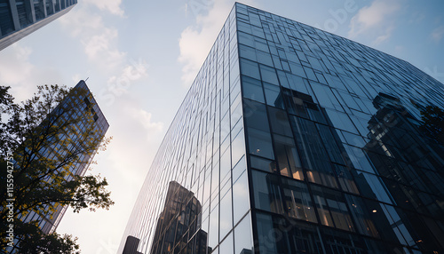 captivating image of a modern office building with a sleek glass facade that epitomizes contemporary architecture. photo