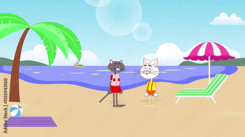 Cartoon characters. Two funny cats are talking on the beach. Video. Animation. Cartoon characters. Two funny cats are talking on the beach. Video. Animation.