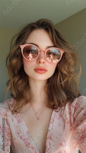 Young woman with curly hair wearing pink sunglasses posing for a casual snaps...