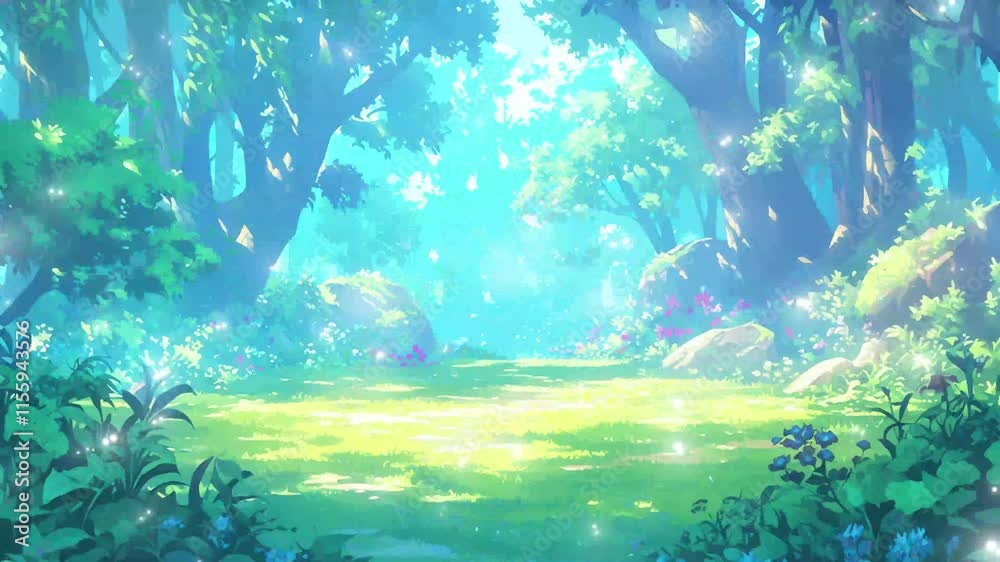 Sunlight filters through trees in a magical, blooming forest. glitch ...