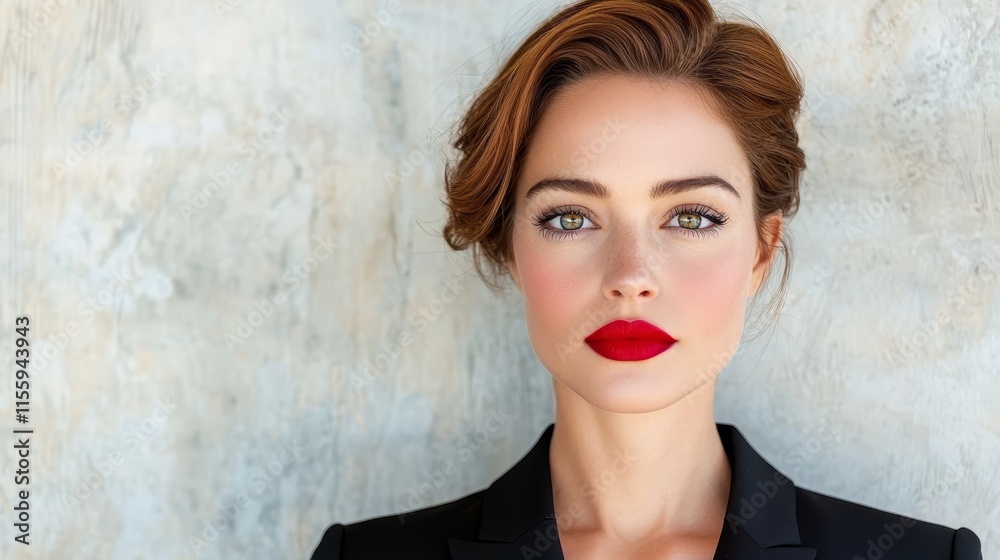A woman wearing a black suit and red lipstick