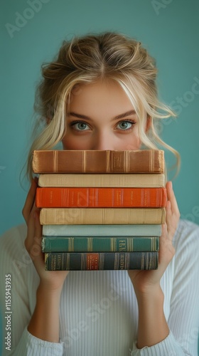 Young woman holding colorful books in front of her face against pastel backgr...