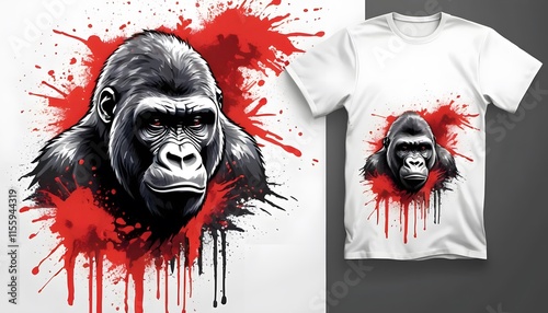 Artistic gorilla t-shirt design with red paint splashes, suitable for 2d game art and poster art photo