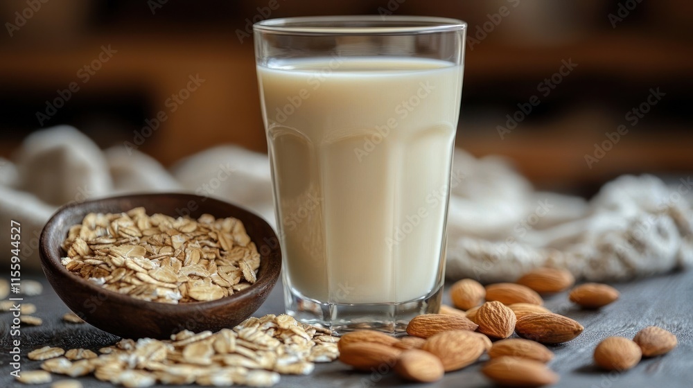 Glass of oat milk with oat flakes and almonds. Glass of oat milk with oat flakes and almonds.