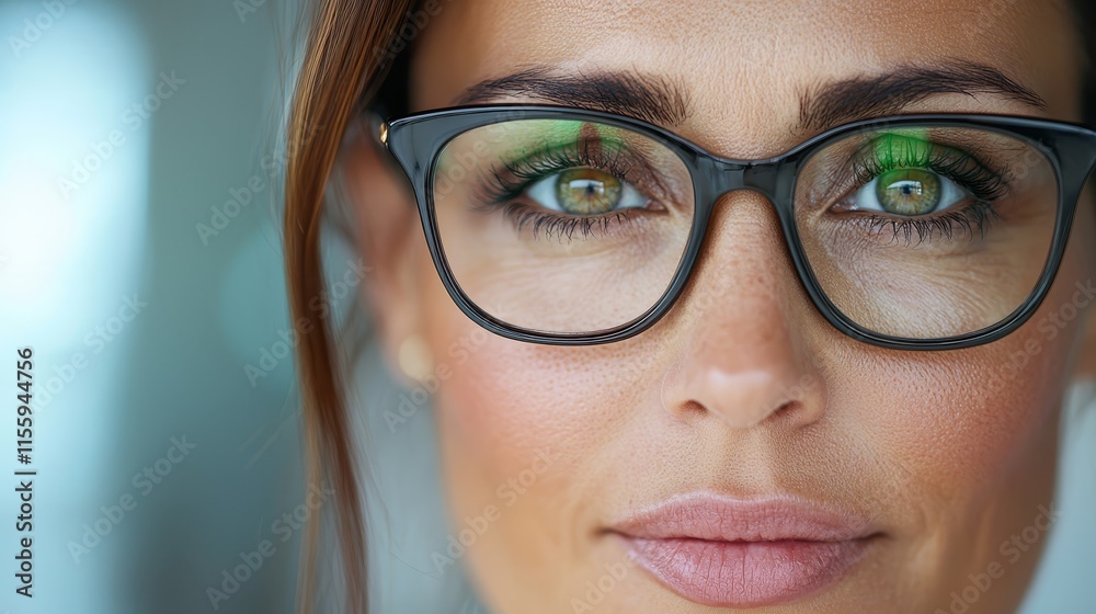 A close up of a woman wearing glasses with green eyes A close up of a woman wearing glasses with green eyes