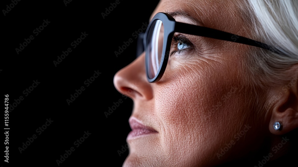 A woman wearing a pair of glasses looking up at the sky A woman wearing a pair of glasses looking up at the sky