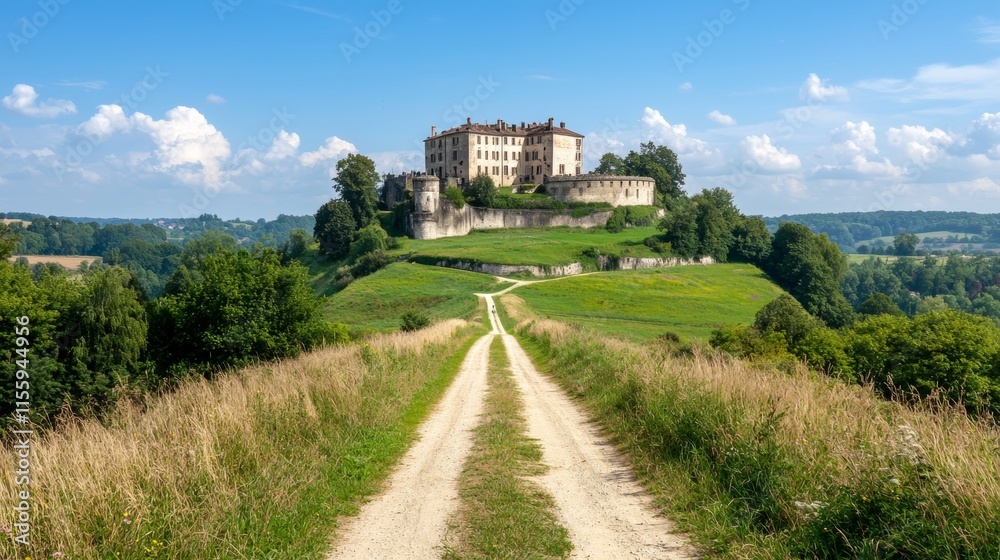 Picturesque Castle on Hilltop, Rural Landscape Path Picturesque Castle on Hilltop, Rural Landscape Path