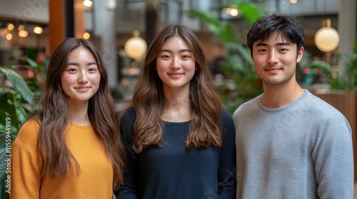 Three young adults stand together in a vibrant indoor environment filled with greenery. They are smiling, dressed casually, and enjoying each other's company in a well-lit space