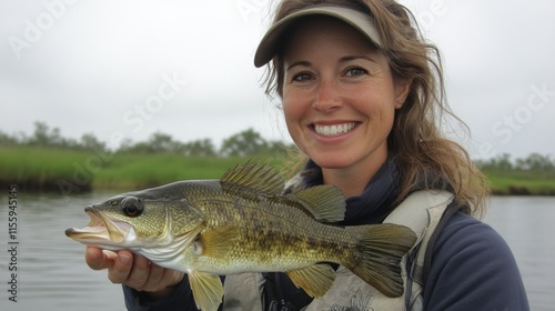 Woman smiles while holding a large fish at a serene fishing location on a clo...