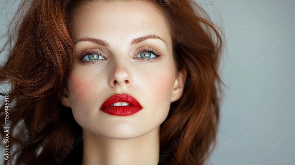 Fototapeta premium A woman with red hair and blue eyes wearing red lipstick