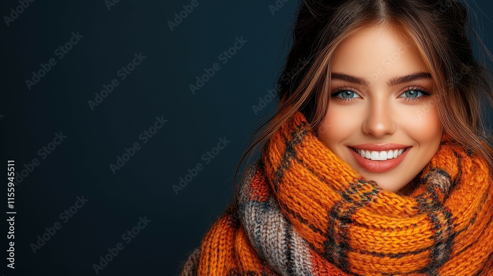 A young woman with striking blue eyes smiles broadly while wrapped in a vibrant orange and gray scarf, radiating warmth and happiness in a cozy setting A young woman with striking blue eyes smiles broadly while wrapped in a vibrant orange and gray scarf, radiating warmth and happiness in a cozy setting