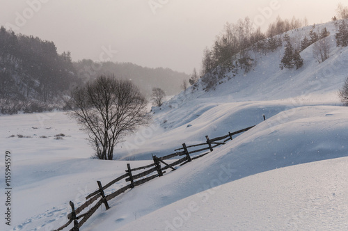 Walk over the river Sluch in the snowfall. photo