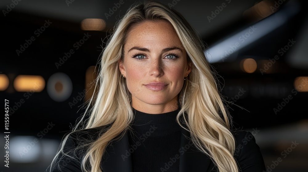 A woman with long blonde hair wearing a black top A woman with long blonde hair wearing a black top