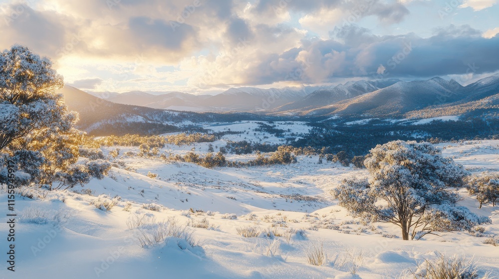 Looking across the snowy valley of Australian Snowfields at golden hour Looking across the snowy valley of Australian Snowfields at golden hour