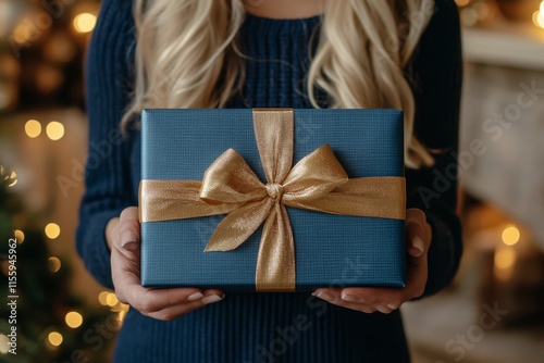 Beautifully wrapped holiday gift held by a person in a cozy setting with warm...