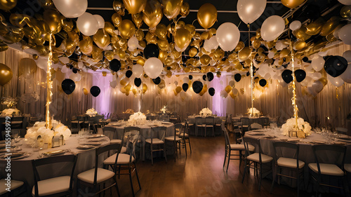 a New Year’s Eve 2025 party room with hanging ceiling decor.